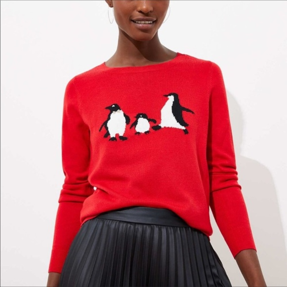Cute Penguin Holiday Red LOFT Sweater SIZE SX ( good for S)